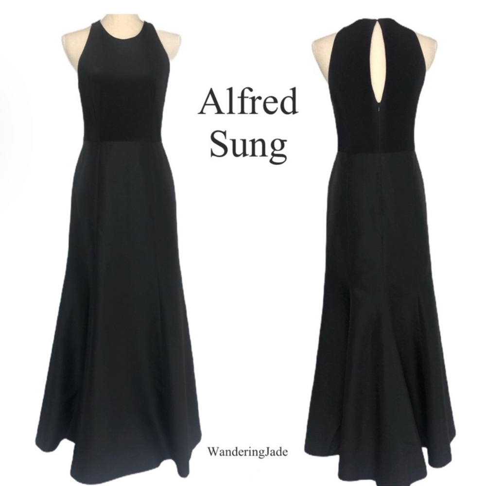 Alfred Sung Black Mikado Jersey Trumpet Dress